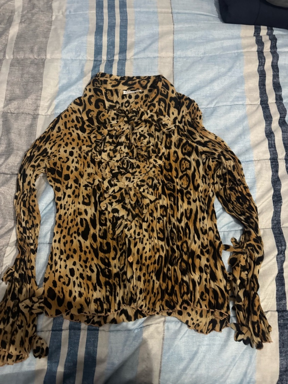 Leopard Print Ruffle-Front Women’s Blouse - Tan & Black